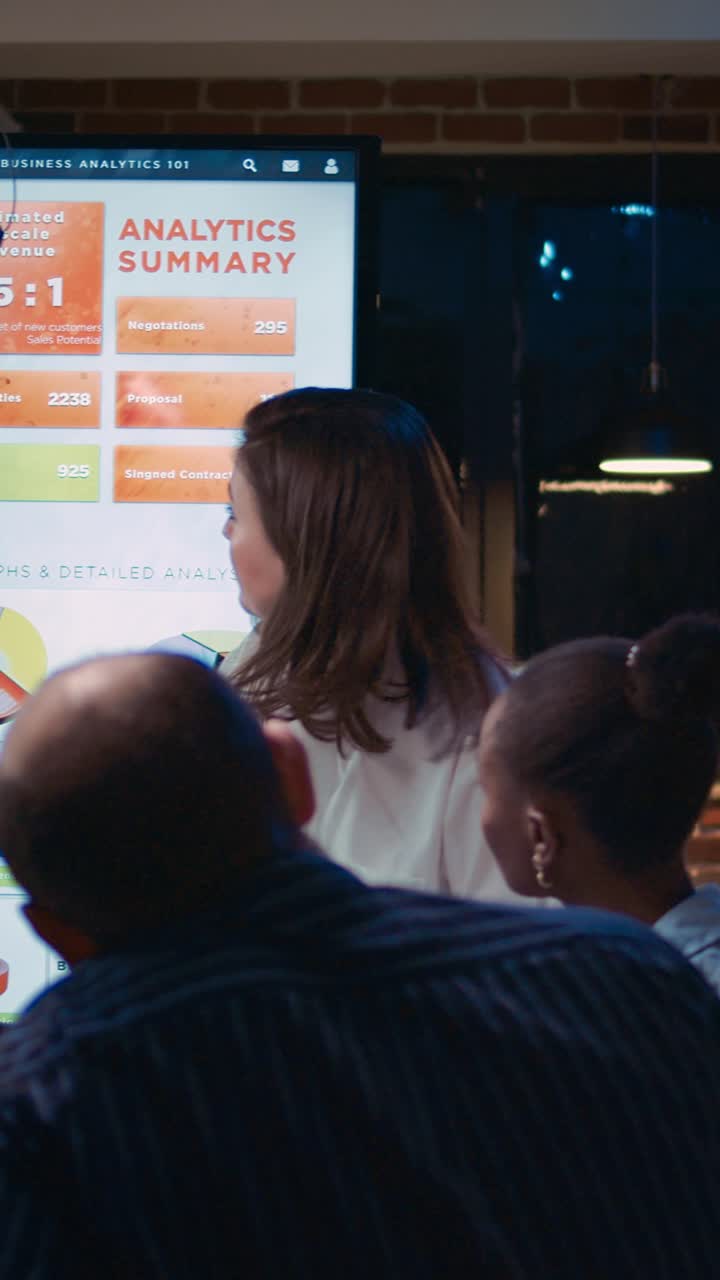 Vertical video: Employee speaking in business meeting, financial report presentation