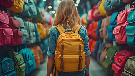 woman with yellow backpack in store aisle of colorful backpacks