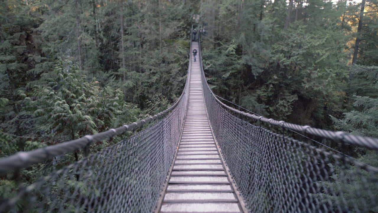 plano amplio del puente colgante de lynn valley, al anochecer