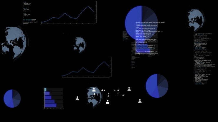 Animation of globe and data processing over dark background