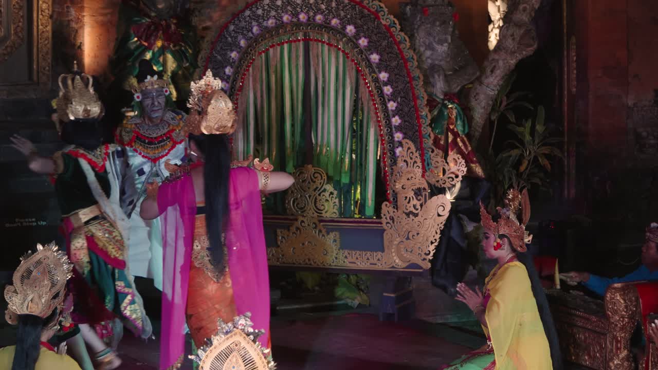 Princess Dancing Legong and Ramayana Traditional Theater Dance with Many Dancers at Ubud Palace, Bali