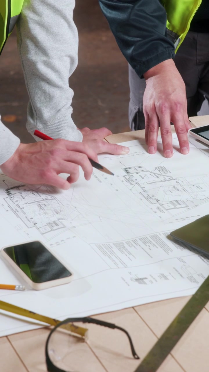 Construction Workers Reviewing Architectural Blueprints on Site
