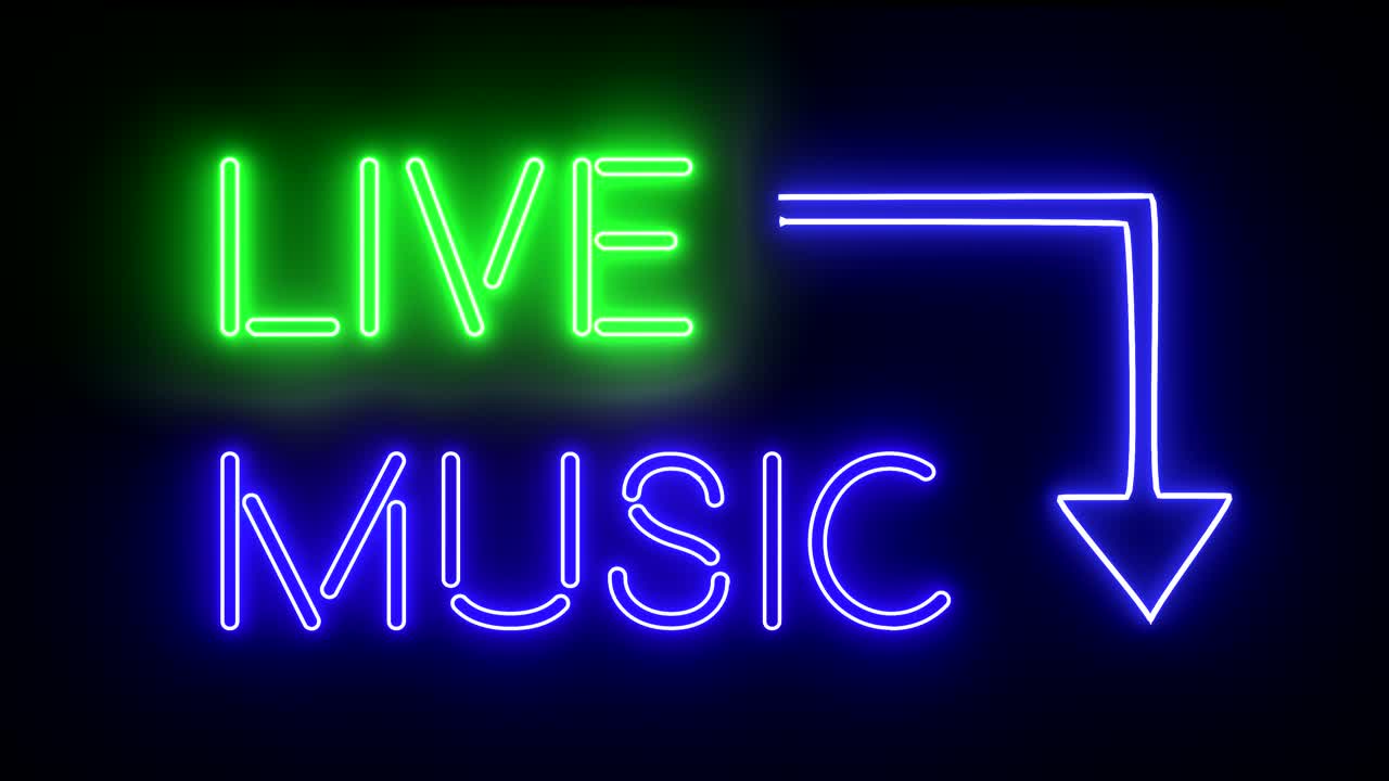 música en vivo señales de neón luces logotipo texto brillante multicolor 4k