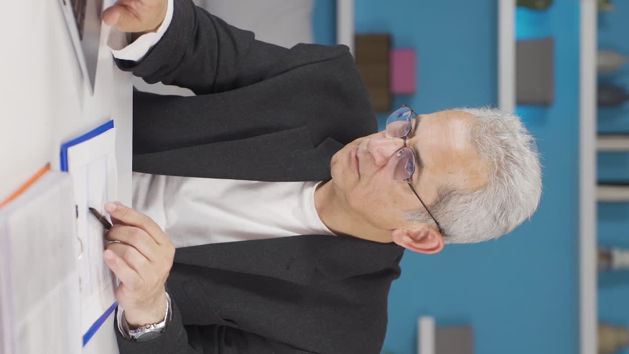 vídeo vertical de un trabajador de oficina en casa confundido y pensativo.