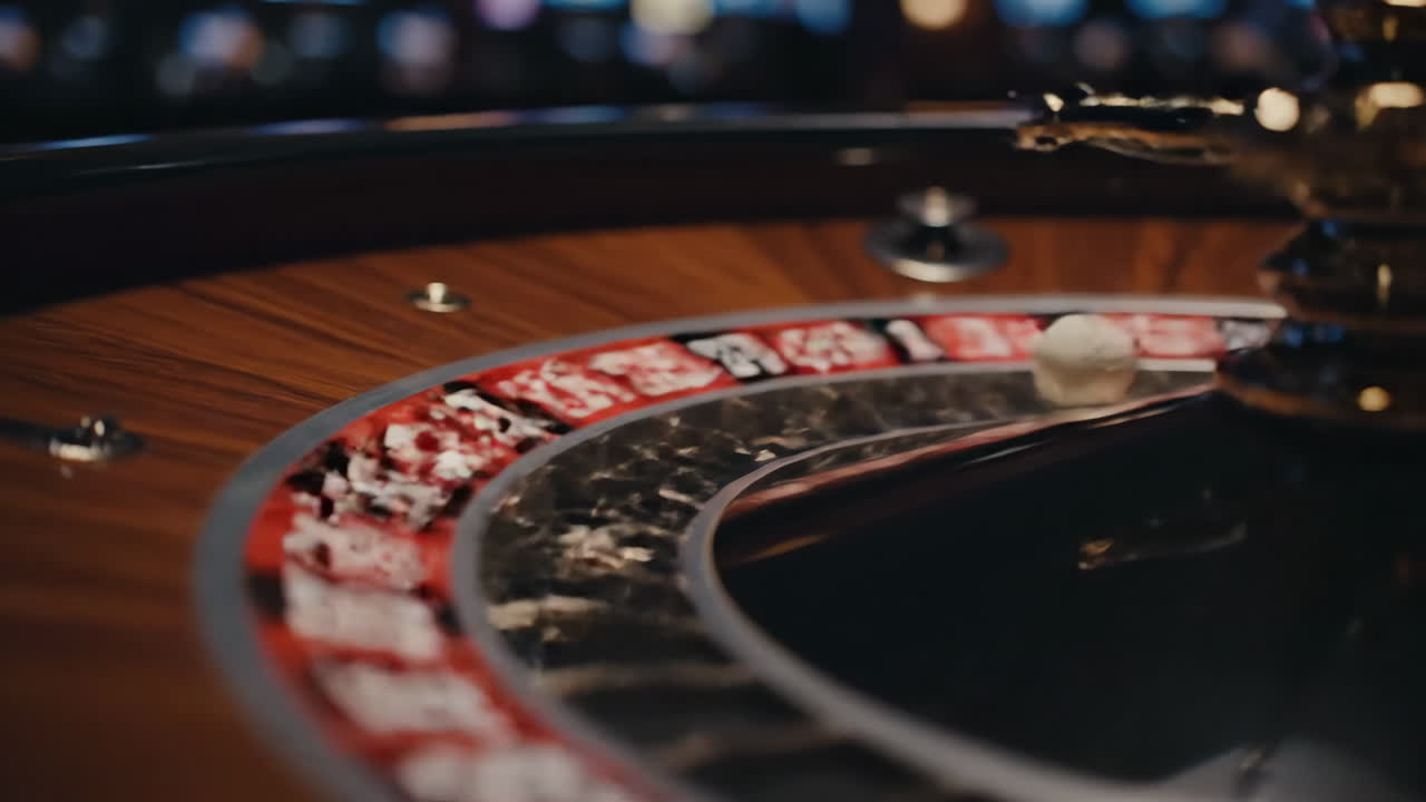 Primo piano di una ruota della roulette e della pallina che gira in un casinò
