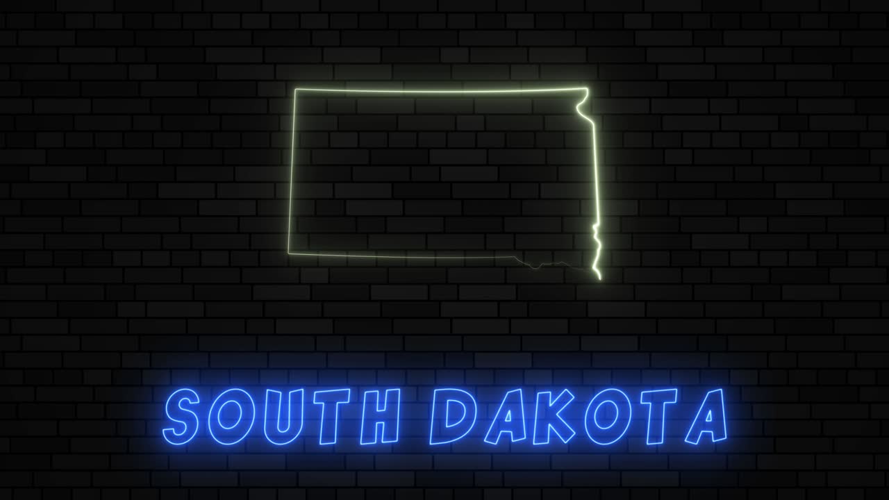 사우스 다코타 주 지도: 어두운 벽돌 벽 바탕에 네온 선을 가진 실루