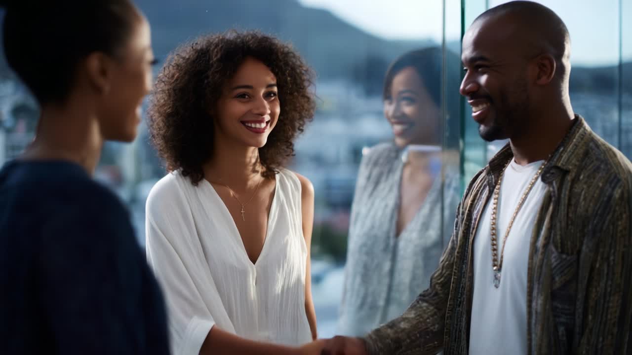 A Joyful Meeting Among Friends with Smiles and Handshakes Surrounded by a Scenic City View, Showcasing Friendship and Connection in a Bright, Inviting Atmosphere and Reflective Glass Panels