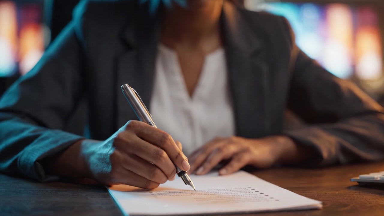 A focused professional meticulously writing on a paper with a pen, demonstrating commitment and concentration in a well-lit office environment with computer screens.