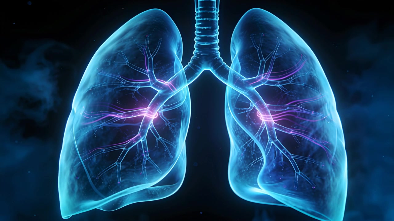 Polmoni pulsanti con nodi magenta che si attivano lungo i bronchi e la trachea in vista frontale per la respirazione.