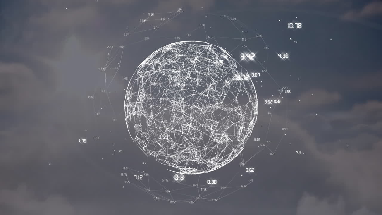 globo con puntos y números de datos interconectados, animación de conexiones de red