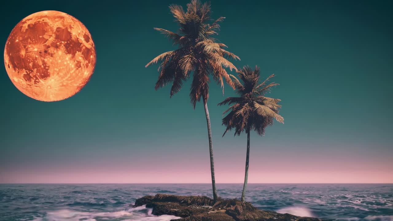 Surreal video concept with a low-angle view of palm trees on a small island, under a large, vivid