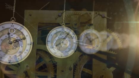 Animation-of-multiple-vintage-clocks-swinging