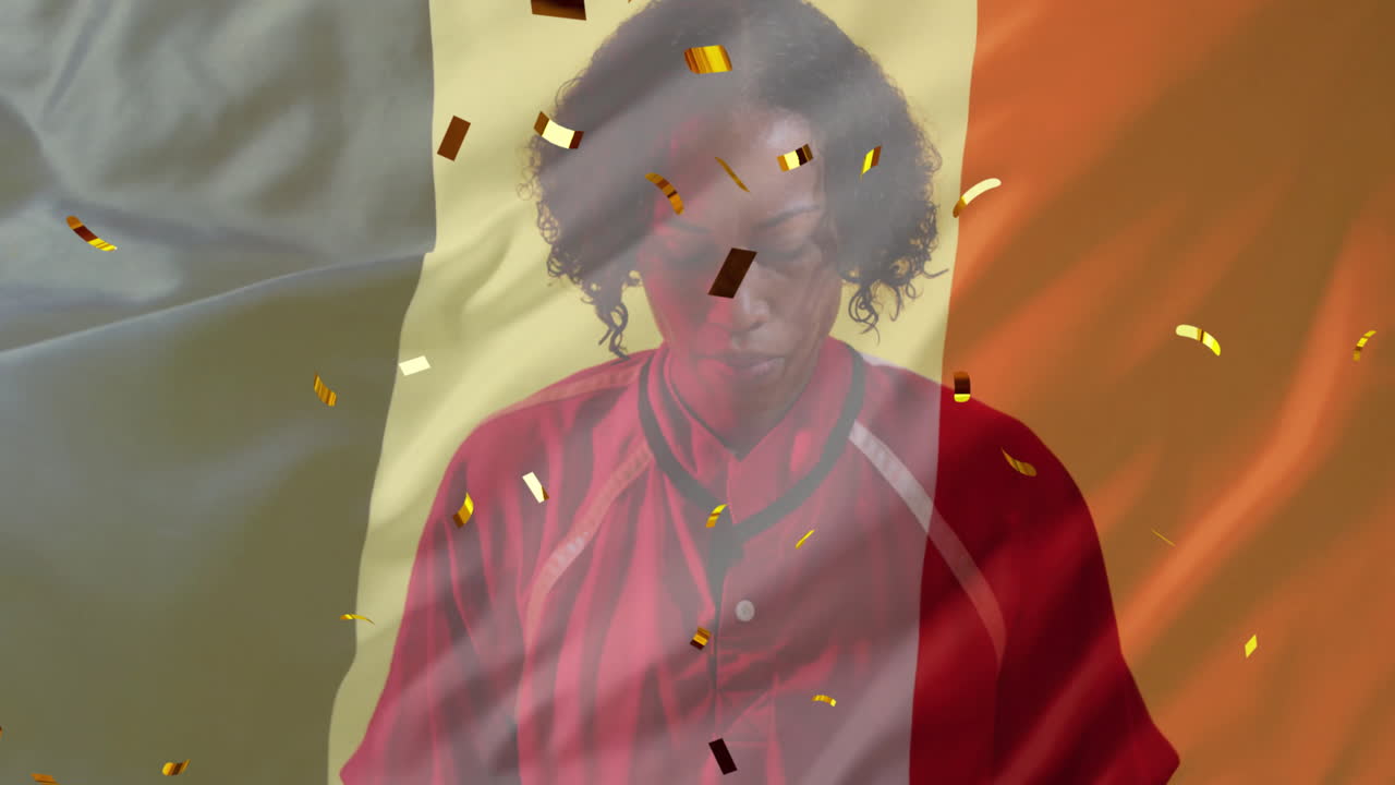 animación de confeti y bandera de francia sobre una jugadora de rugby biracial