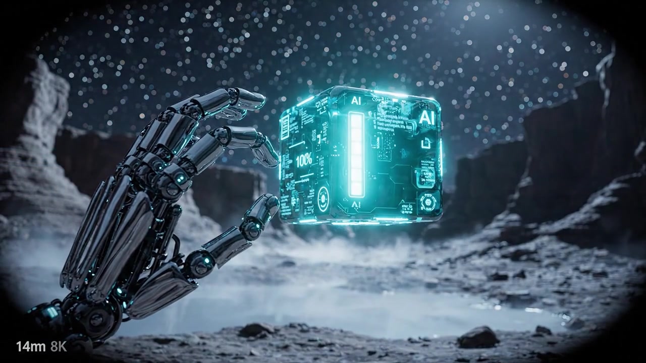 A futuristic robotic arm interacts with a glowing, high-tech cube on a desolate alien landscape, surrounded by a starry sky and rocky terrain, showcasing advanced technology.