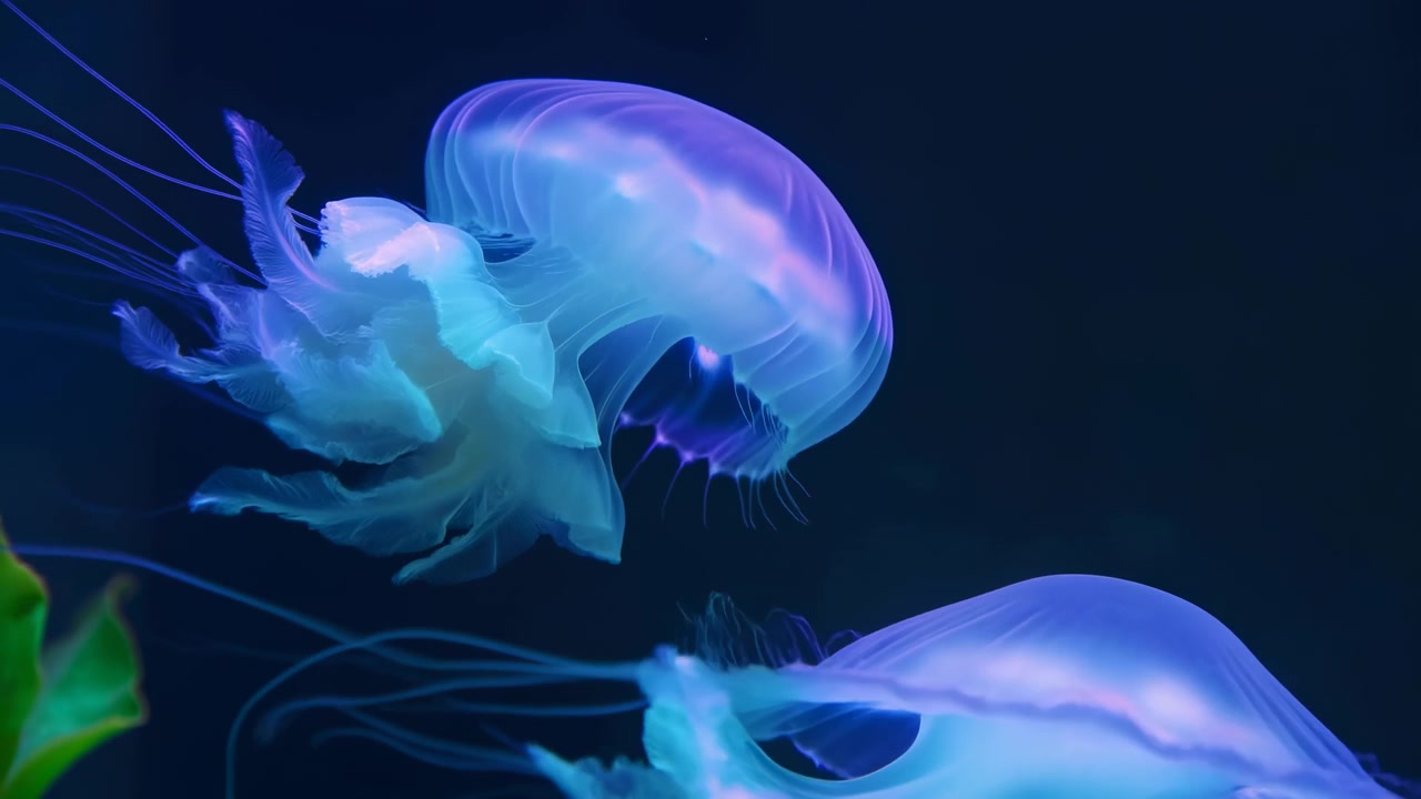 Meduse che galleggiano in acquario, con meduse, acqua dell'acquario, da una prospettiva laterale, con accenti blu e viola, e un'atmosfera serena, che mostra oggetti vicini e l'ambiente circostante.