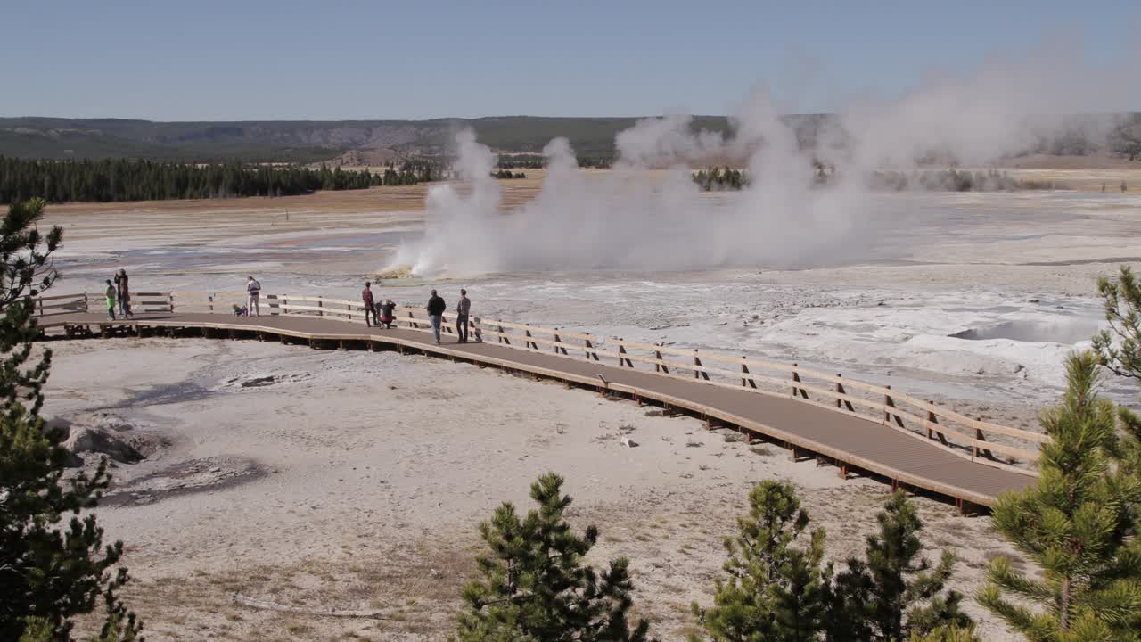 Time-lapse of tourists watching a geyser erupt in Yellowstone National Park