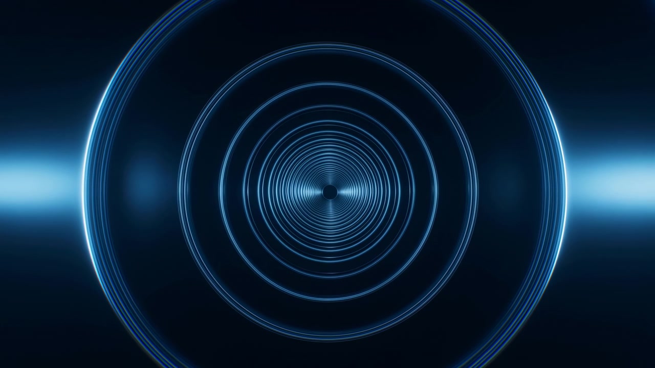 Symmetrical blue rings glow and recede into a dark center, forming a clean futuristic tunnel with depth and motion