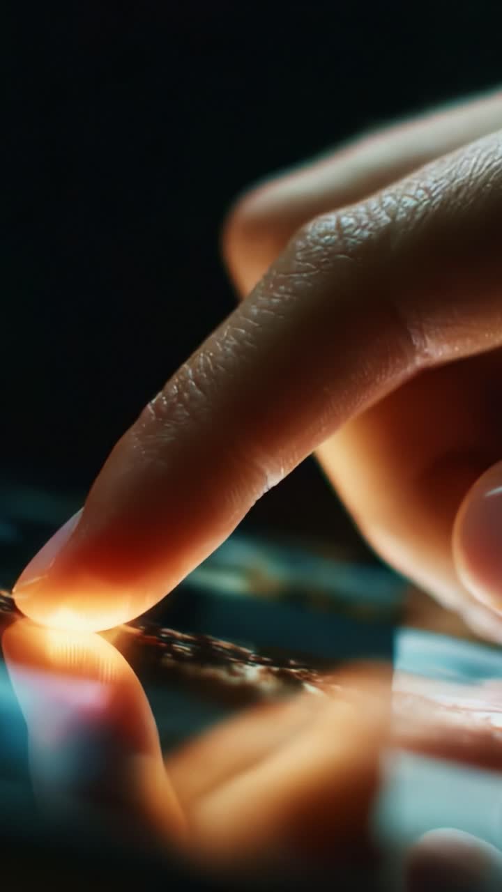 A Close-Up View of a Hand Gently Tapping the Surface of a Smartphone Screen, Showcasing the Interaction Between Human Touch and Digital Technology in a Low-Light Environment