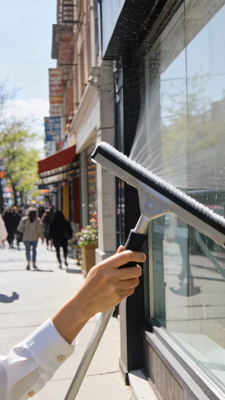 Vertical video: Extending squeegee pole woman wiping shop glass on sidewalk white top clearing view