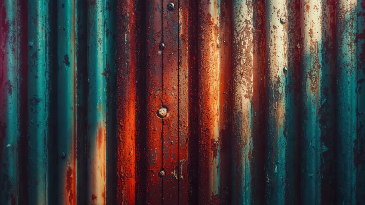 Filming corrugated metal wall in storage yard, highlighting peeling paint, rust spots and rivets