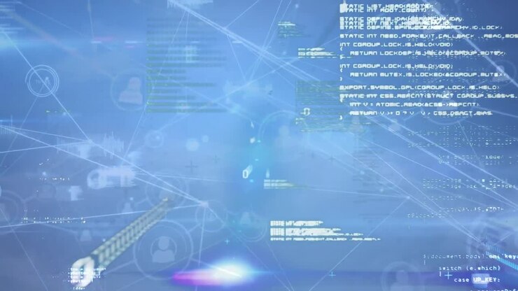 Animation of network of connections and data processing on blue background