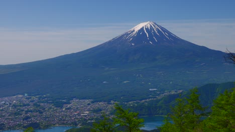 mt. fuji and lake kawaguchi seen from the fresh green shindo pass