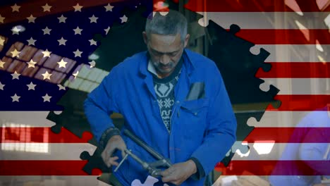 animation of american flag waving over man in the background
