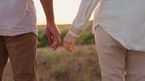 elderly couple holding hands at sunset