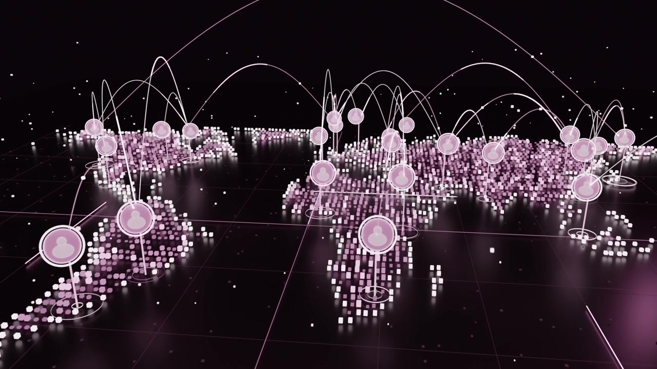 Sequence starting animating pink cube map on dark grid, rising nodes, drawing arcs, data flowing
