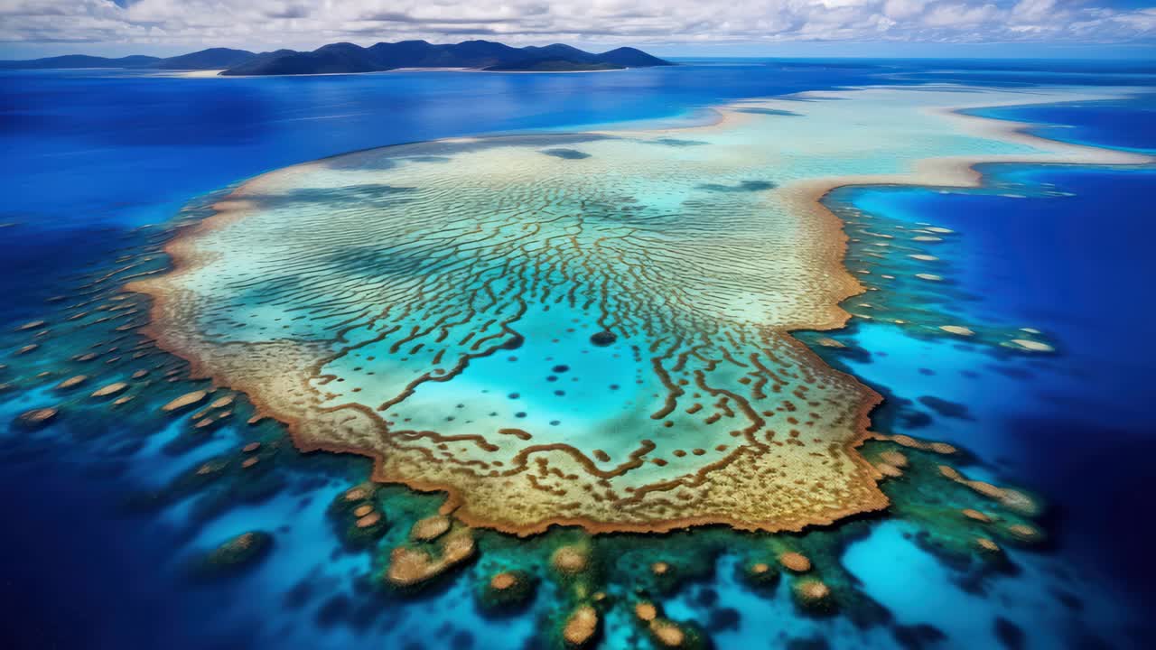 Aerial view of a vibrant coral reef surrounded by turquoise waters, capturing the natural beauty