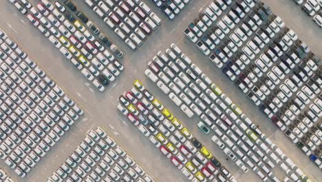 aerial view of large parking new cars distribution center of modern seaport.