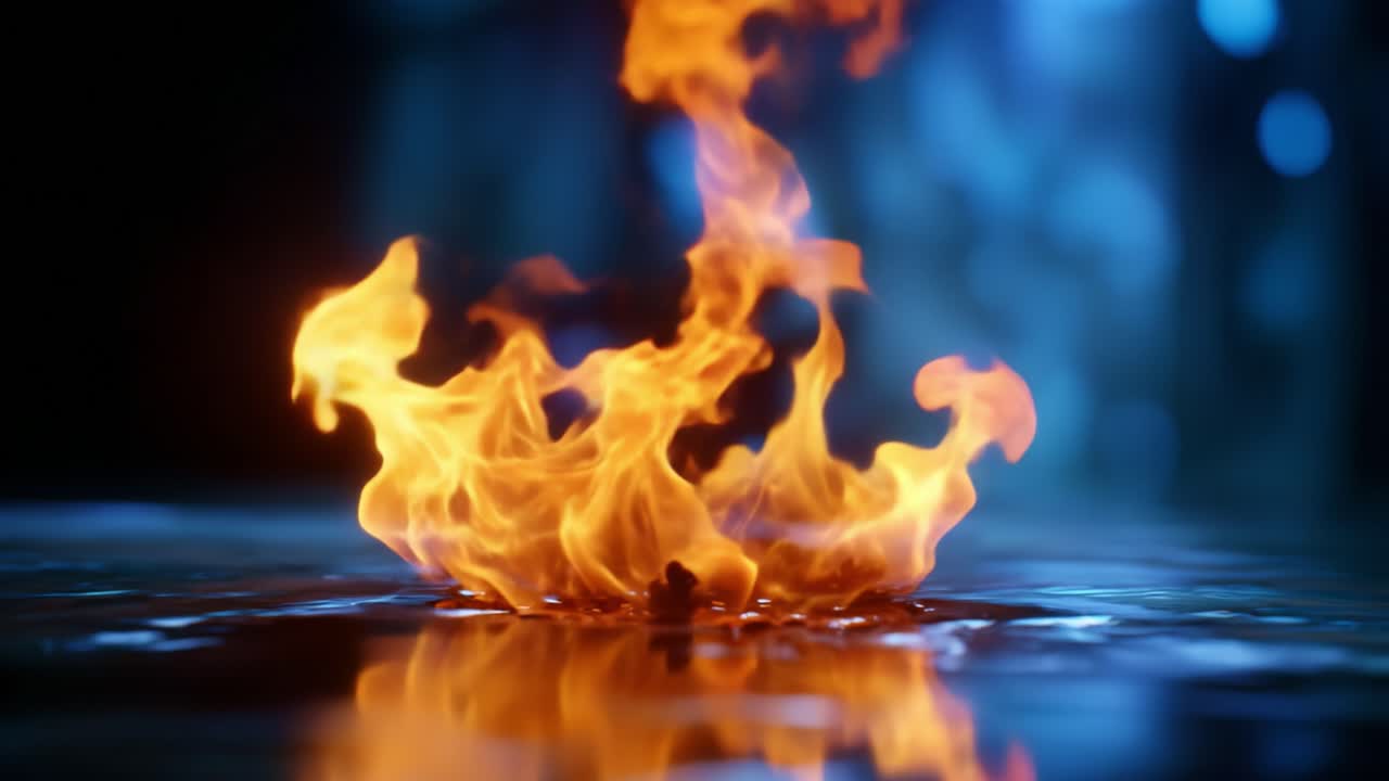 Un'affascinante rappresentazione di fiamme che danzano sulla superficie dell'acqua, illuminate dalla luce ambientale che crea un'ipnotica armonia visiva degli elementi