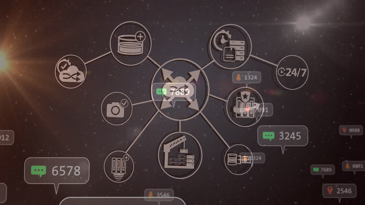 Speech bubbles with digital icons and increasing numbers against spot of light on grey background