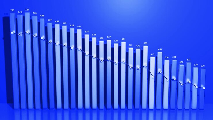 Abstract infographics. Crisis, stagnation and recession concept. Downgrade graph from columns. Economic loop background with copy-space in 4k. Beautiful 3d bars as chart of statistic data in blue.