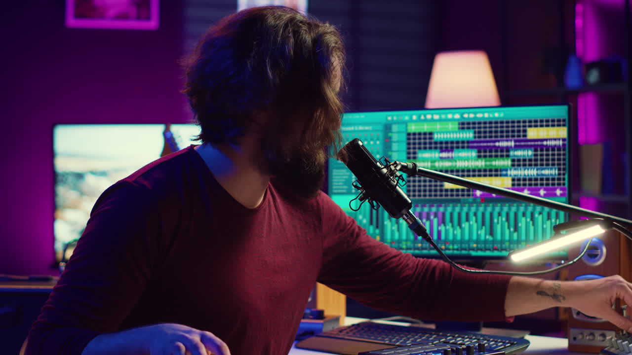 Artist singing a song at microphone and playing electronic piano to create music