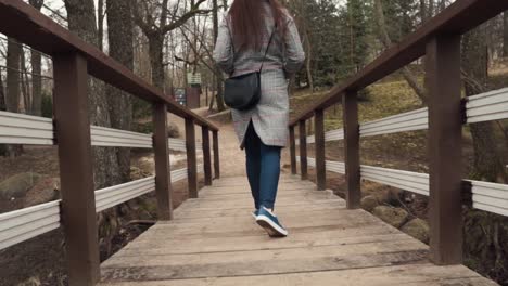 female is going on the wooden bridge away from camera