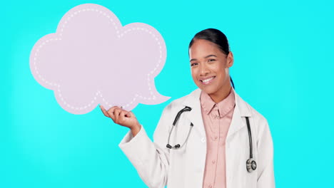 Speech-bubble,-doctor-and-woman-with-poster-smile