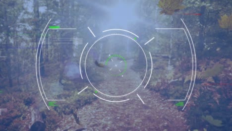 escaneo de alcance sobre múltiples hojas de otoño contra el bosque en el fondo
