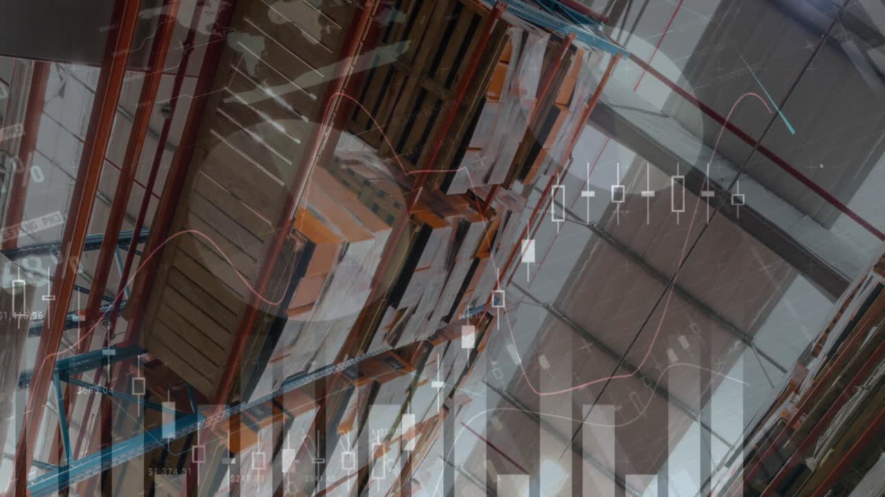 animación del procesamiento de datos financieros en un almacén vacío