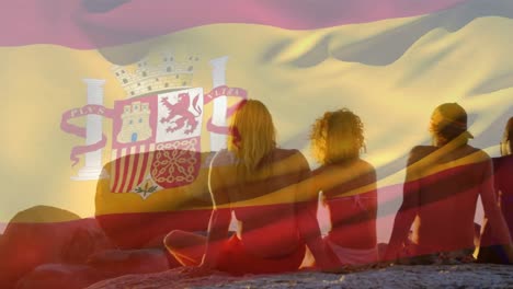 Animation-Der-Flagge-Spaniens-über-Einer-Gruppe-Von-Freunden-Am-Strand