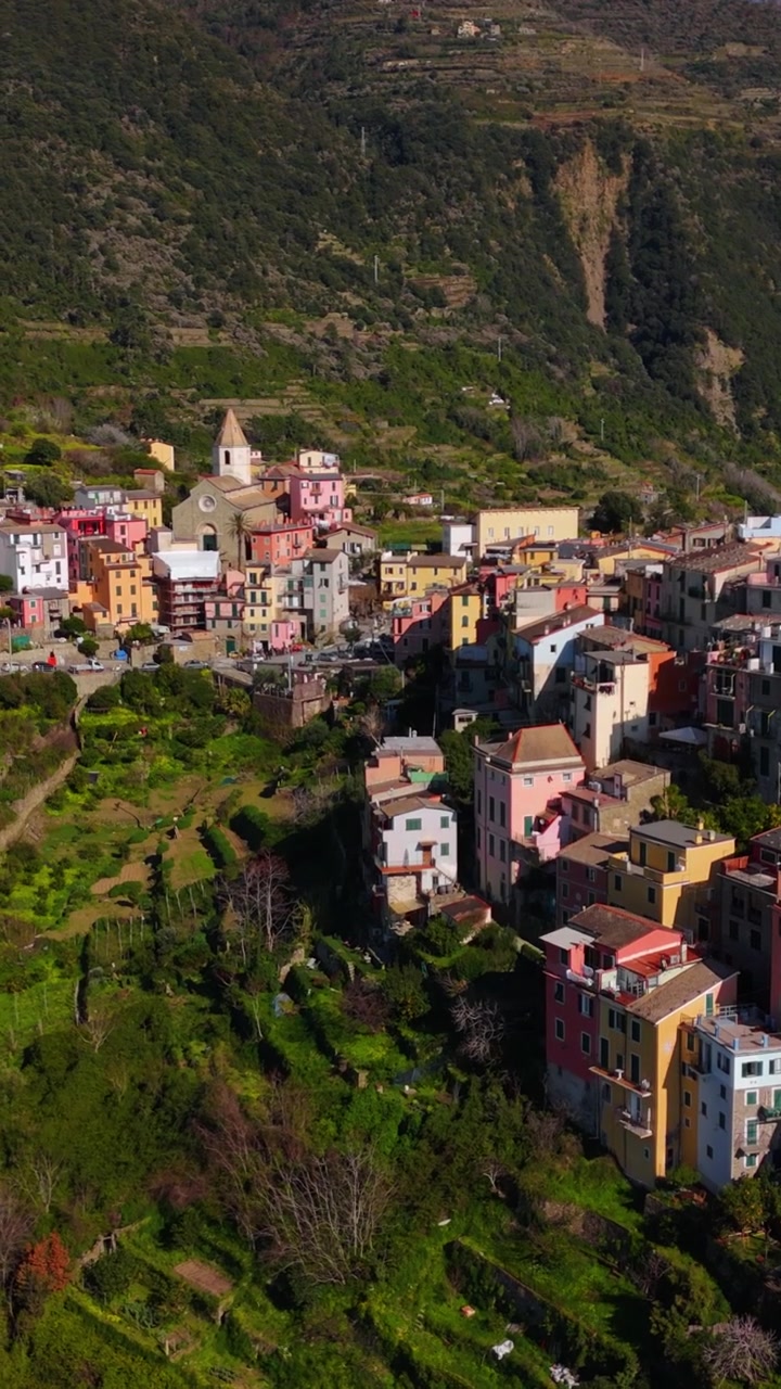 Vista aérea vertical de Manarola en Cinque Terre, Italia, en un día claro y soleado, estilo de vida costero y vista pintoresca del pueblo