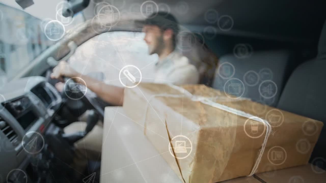 hombre de entrega en furgoneta con superposición de interfaz