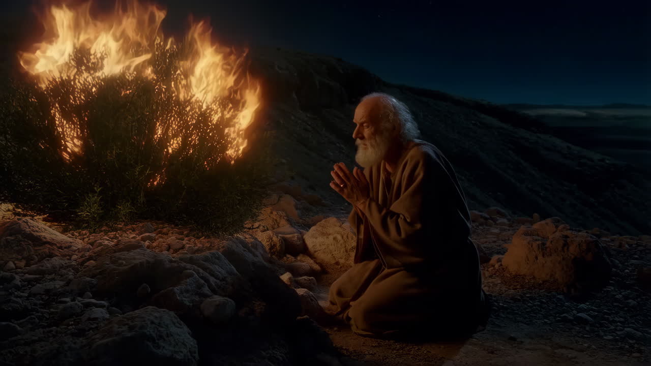 An old man kneels before a burning bush at night