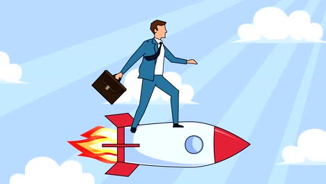 flat cartoon businessman character with case bag  fly on rocket startup concept animation