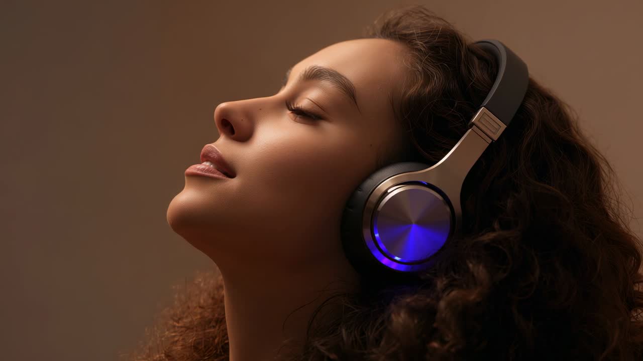 Donna che ascolta musica con gli occhi chiusi, con top scuro, che inclina la testa all'indietro in studio mentre il LED delle cuffie si illumina