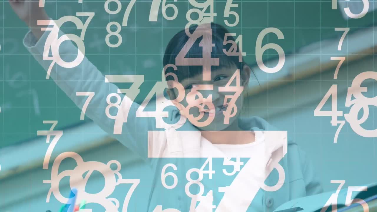 animación de números que caen sobre una escolar en clase