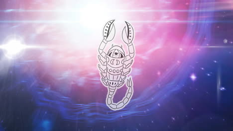 animation of scorpio star sign over sun shining and stars on night pink to blue sky