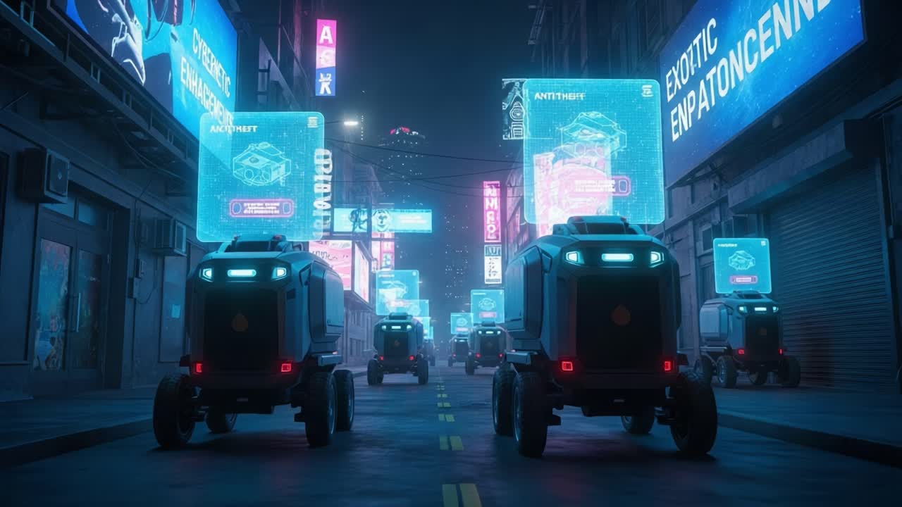 Futuristic Urban Scene with Autonomous Vehicles Illuminated by Neon Signs in a Cyberpunk Aesthetic Emphasizing Advanced Technology and Urban Life