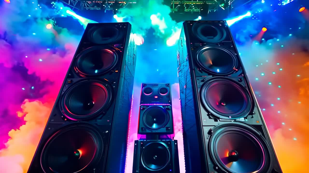A pair of speakers sitting on top of a stage