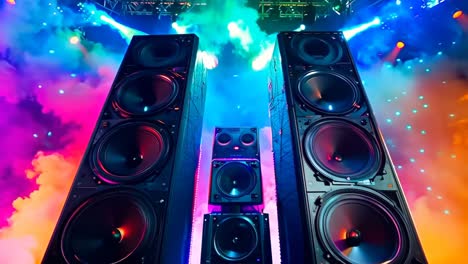 a pair of speakers sitting on top of a stage